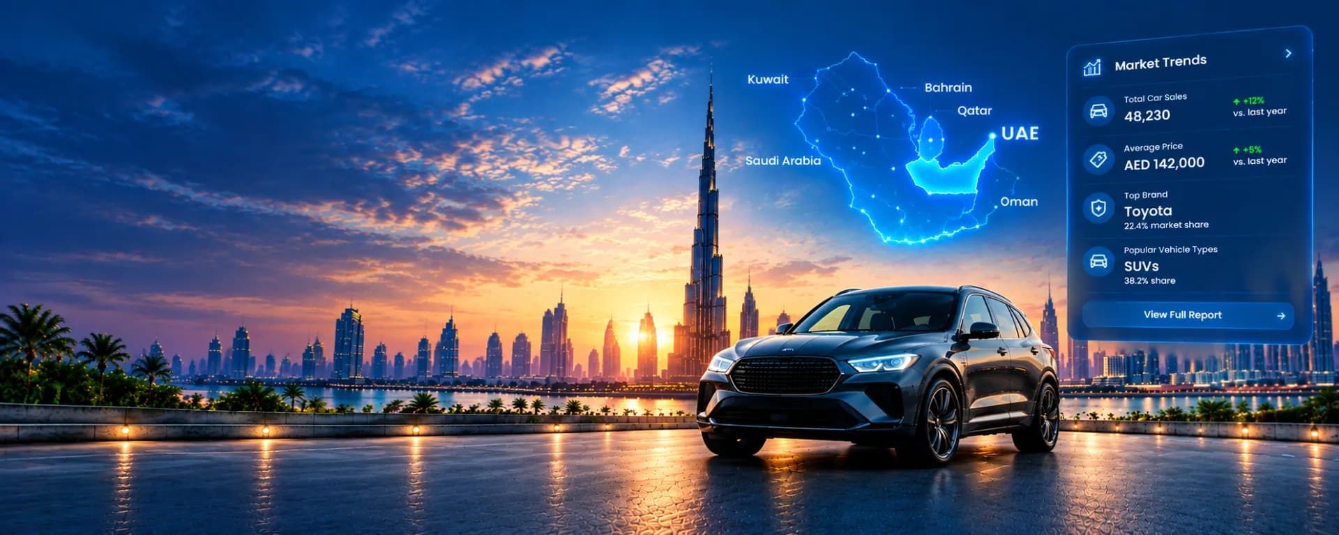 GCC city skyline at sunset — ArabiaWheel, the new and used car marketplace across the Gulf